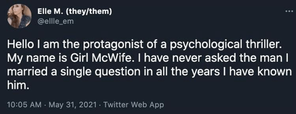 Hello I am the protagonist of a psychological thriller. My name is Girl McWife. I have never asked the man I married a single question in all the years I have known him. 