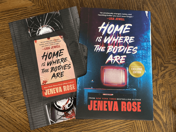 the book cover of Home Is Where The Bodies Are by Jeneva Rose is made to look like a VHS tape